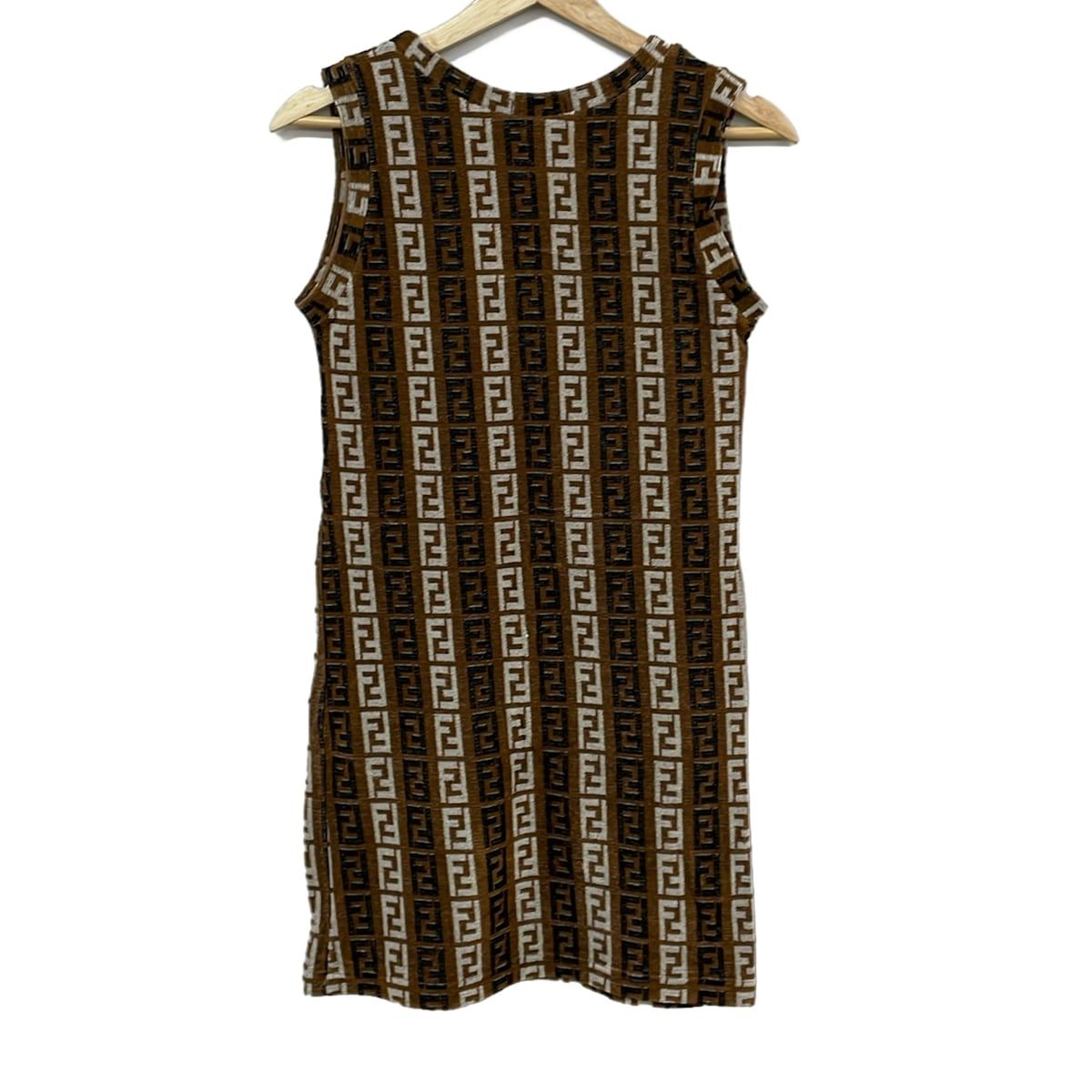 Fendi Dress 40 M Brown Black White Crew Neck Sleeveless Knee Length Pile Zucca — view 2