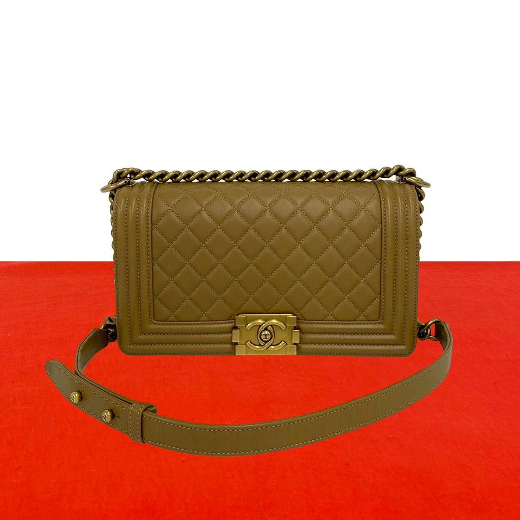 Chanel Boy Lambskin Leather Chain Shoulder Bag Brown