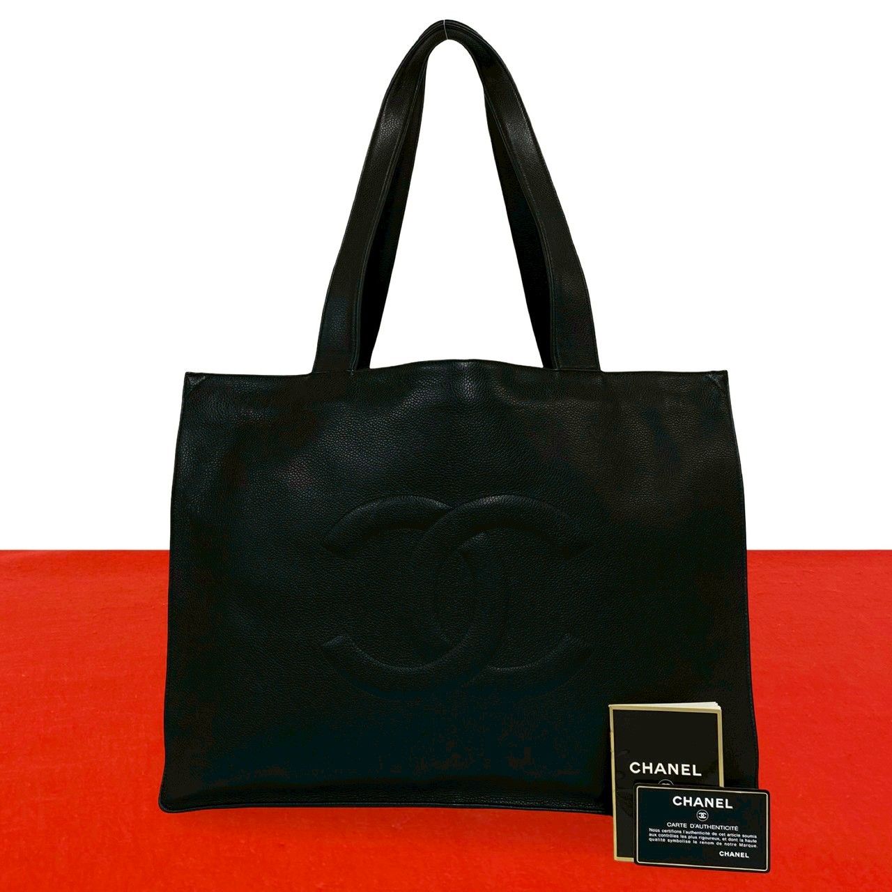 Chanel Card Seal Included CC Logo Caviar Leather Tote Shoulder Bag Black