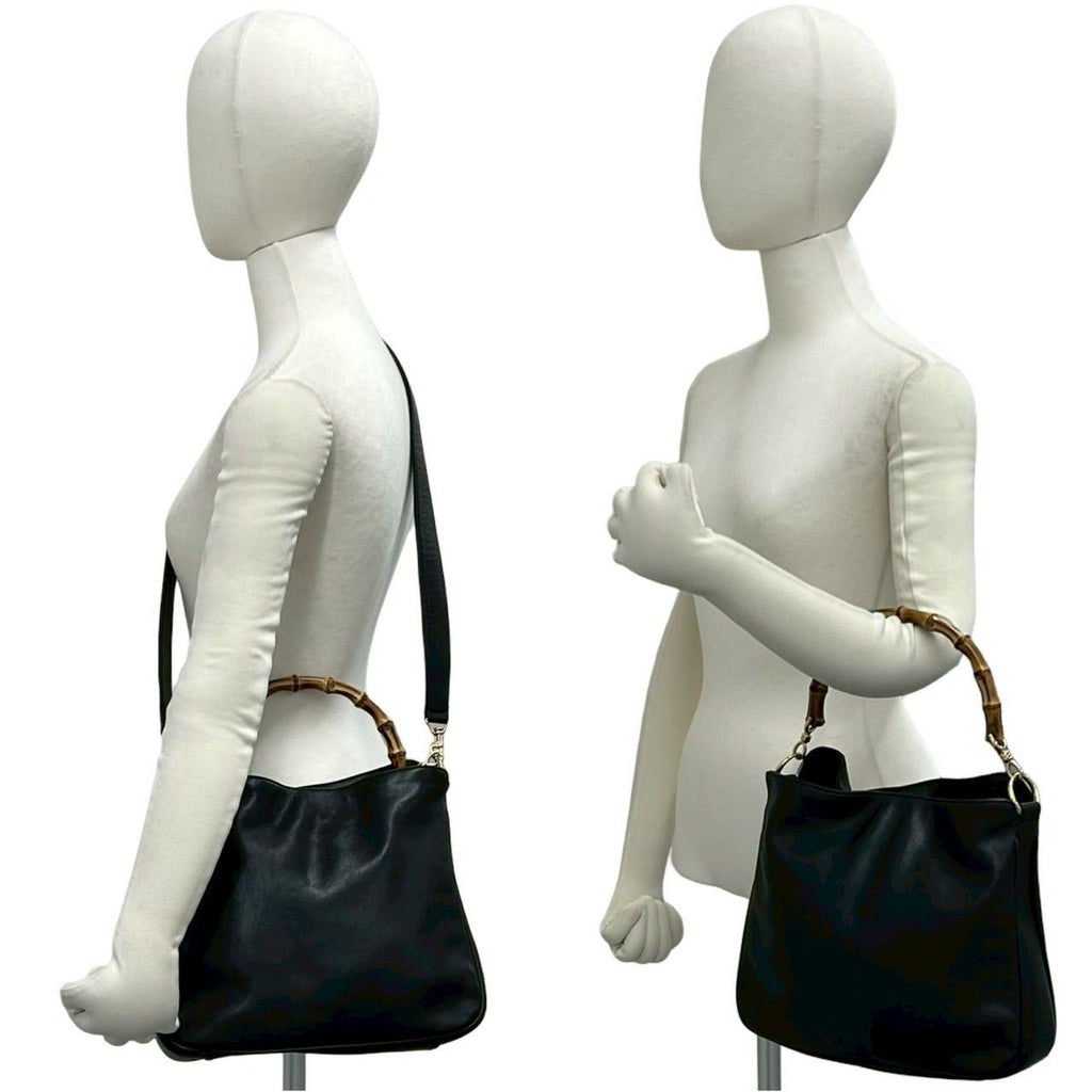 Gucci Vintage Bamb Leather 2-Way Tote Shoulder Bag Black — view 2
