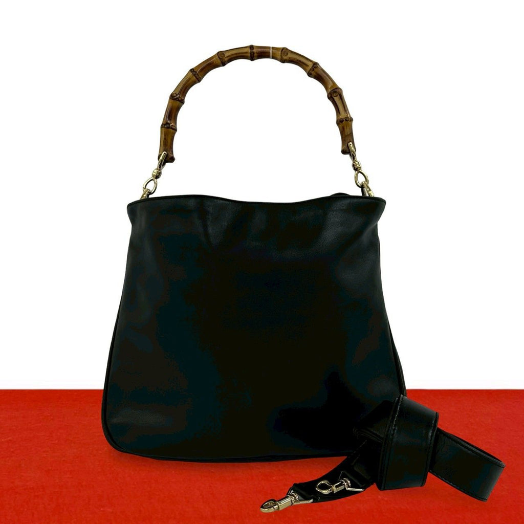 Gucci Vintage Bamb Leather 2-Way Tote Shoulder Bag Black