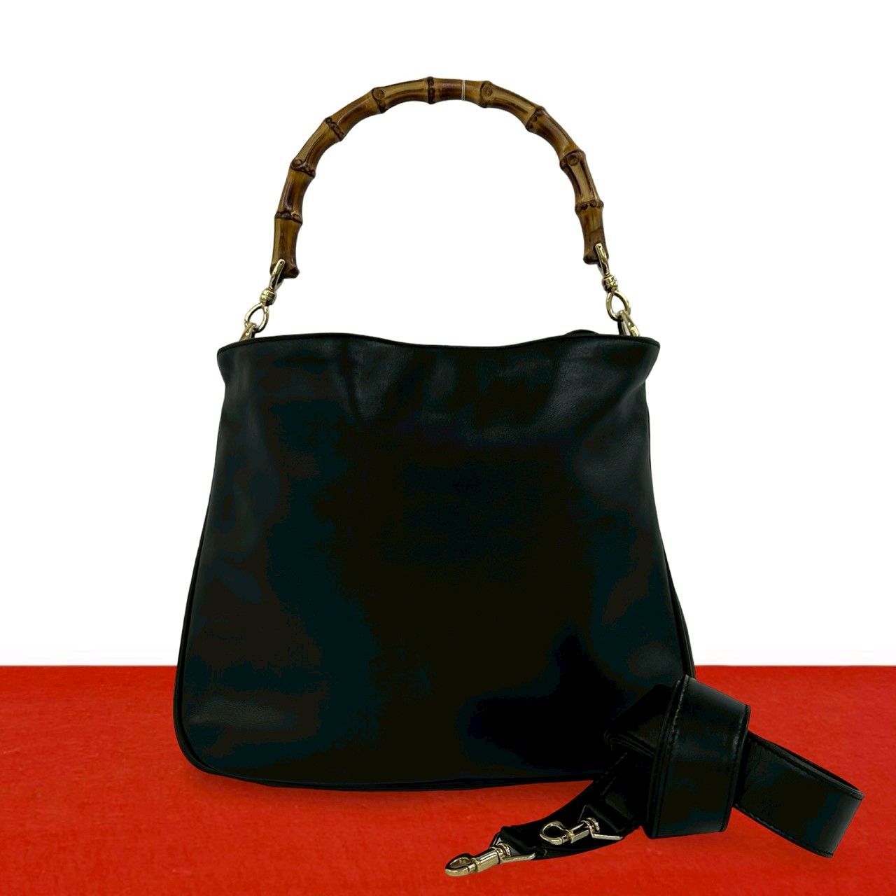 Gucci Vintage Bamb Leather 2-Way Tote Shoulder Bag Black