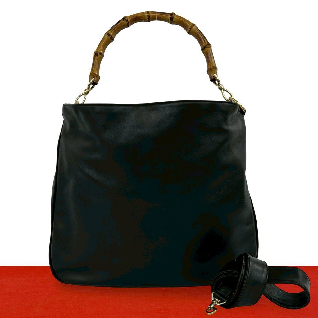 Gucci Vintage Bamb Leather 2-Way Shoulder Bag Black