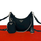 Prada Nylon Leather 2-Way Shoulder Bag Crossbody Pochette Black