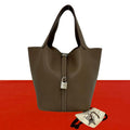 Hermes Picotin Lock MM Taurillon Clemence Leather Handbag Mini Tote Etoupe