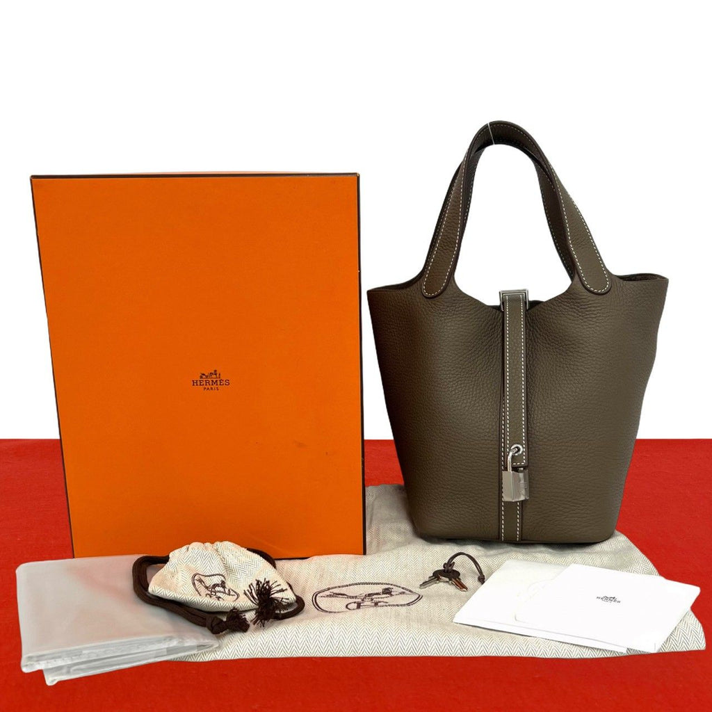 Hermes Box Picotin Lock PM Taurillon Clemence Leather Handbag Etoupe