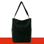 Celine Sangles Bucket Logo Leather Shoulder Bag Tote Black
