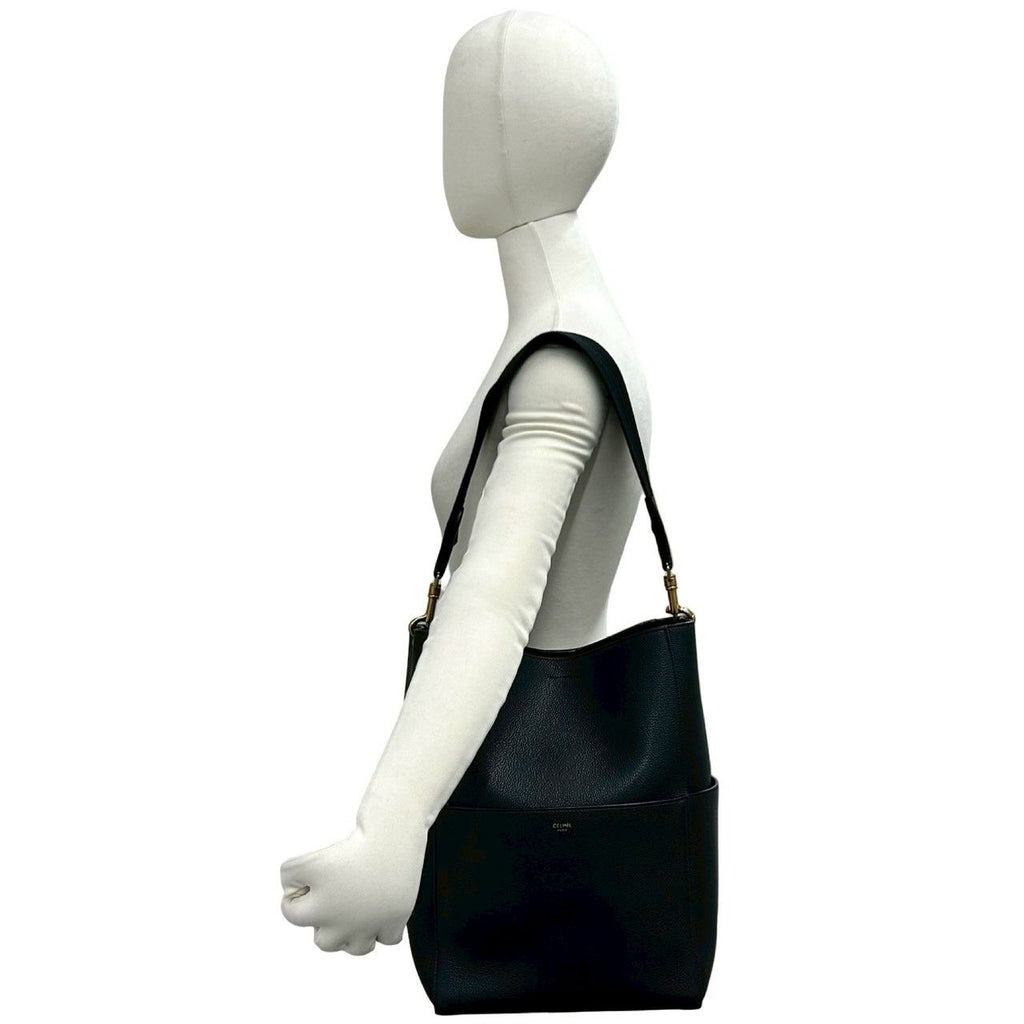Celine Sangles Bucket Logo Leather Shoulder Bag Tote Black — view 2