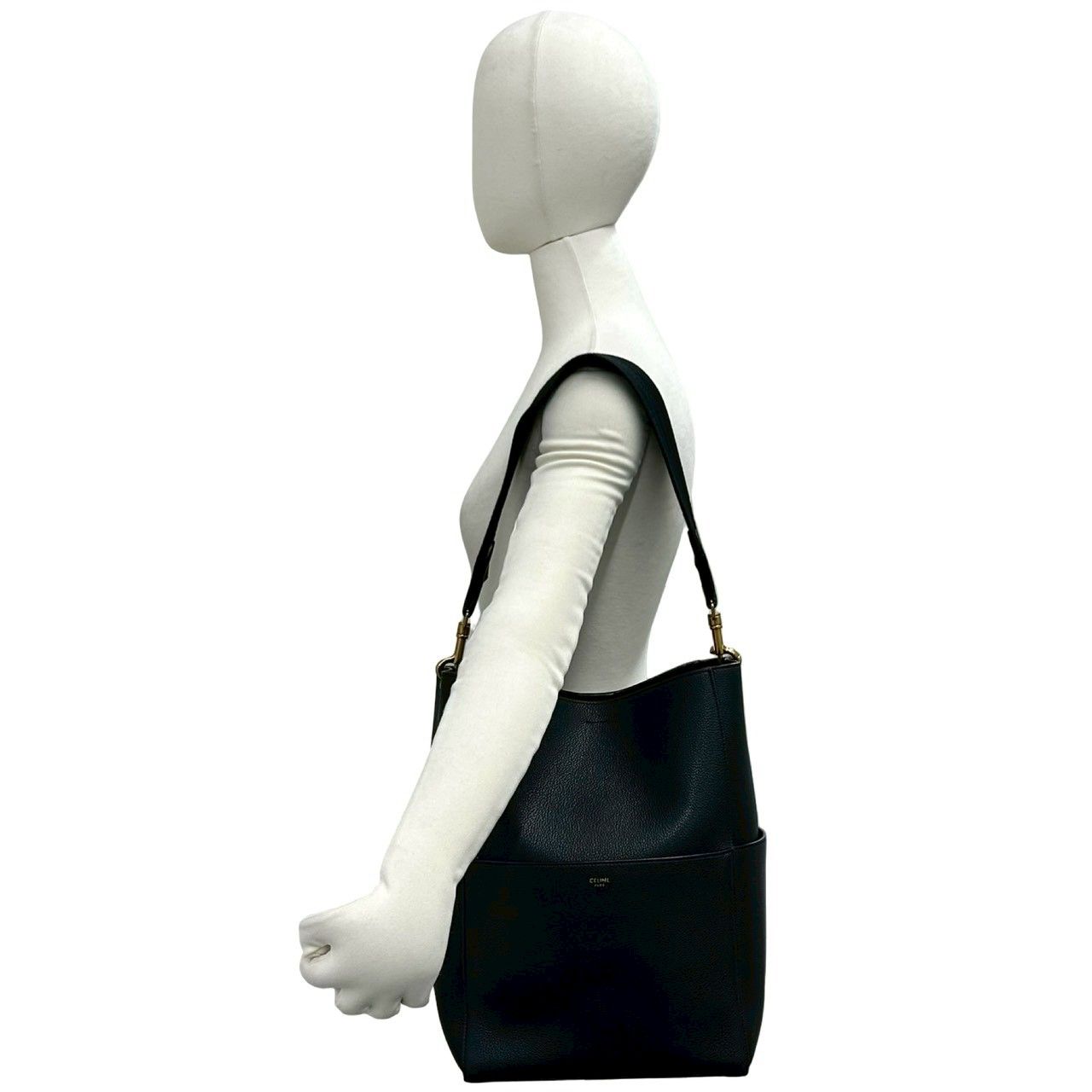 Celine Sangles Bucket Logo Leather Shoulder Bag Tote Black — view 2