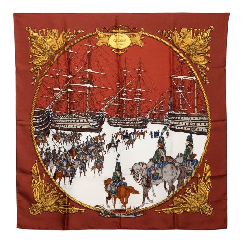 Hermes Carre 90 Marine Et Cavalerie Sea and Cavalry Scarf Brown Multicolor Silk