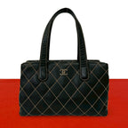 Chanel Quilted CC Logo Wild Stitch Leather Tote Shoulder Bag Black
