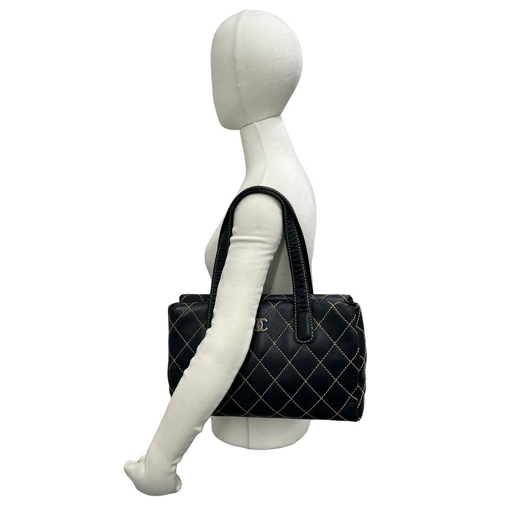 Chanel Quilted CC Logo Wild Stitch Leather Tote Shoulder Bag Black — view 2