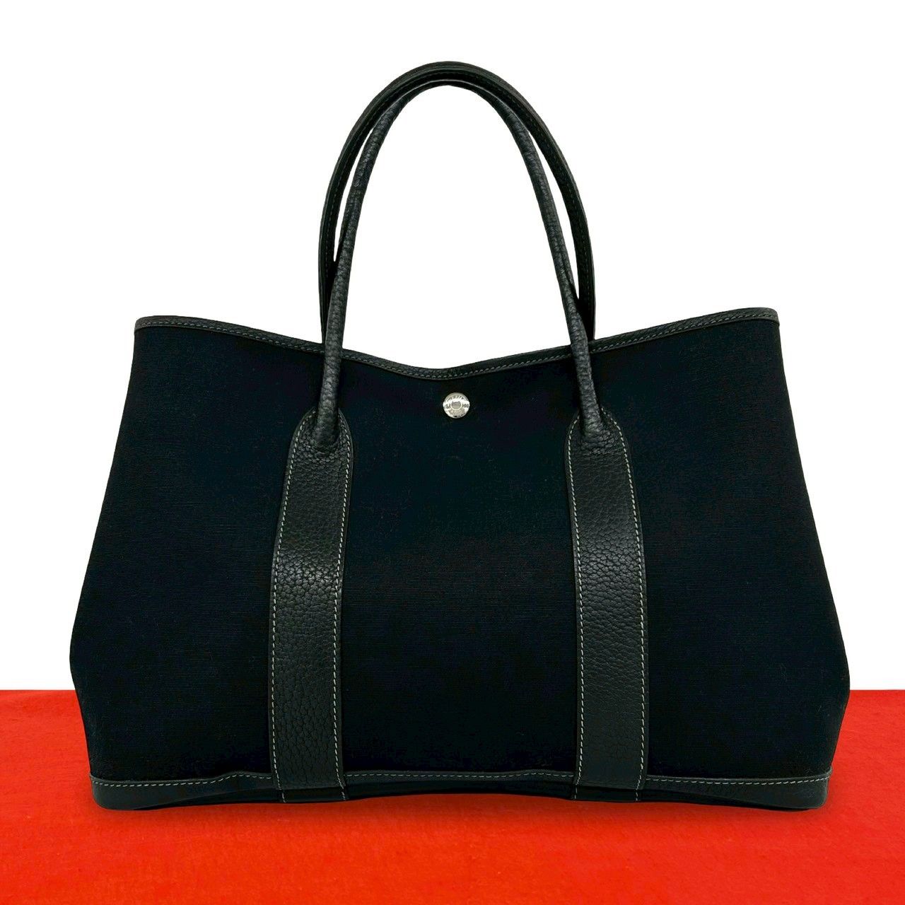 Hermes Garden Party PM Toile Officier Buffalo Leather Tote Black