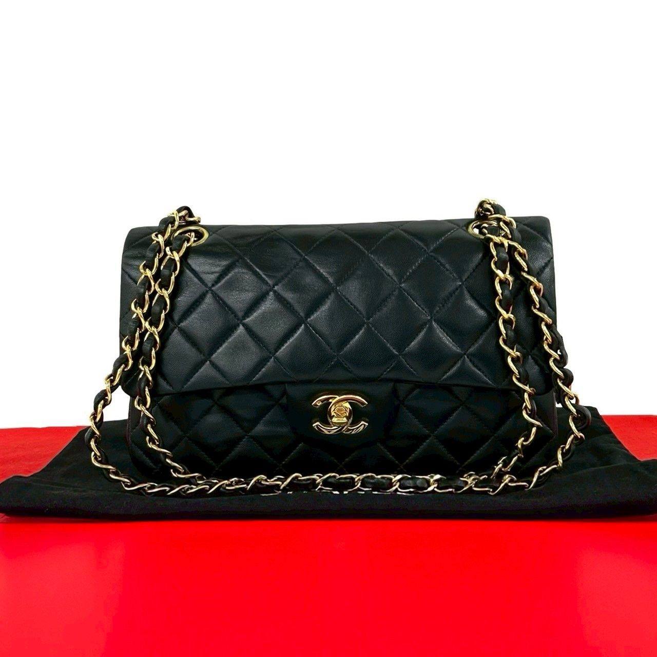 Chanel And No 5 Vintage Quilted Double Flap Lambskin Leather Shoulder Bag Black