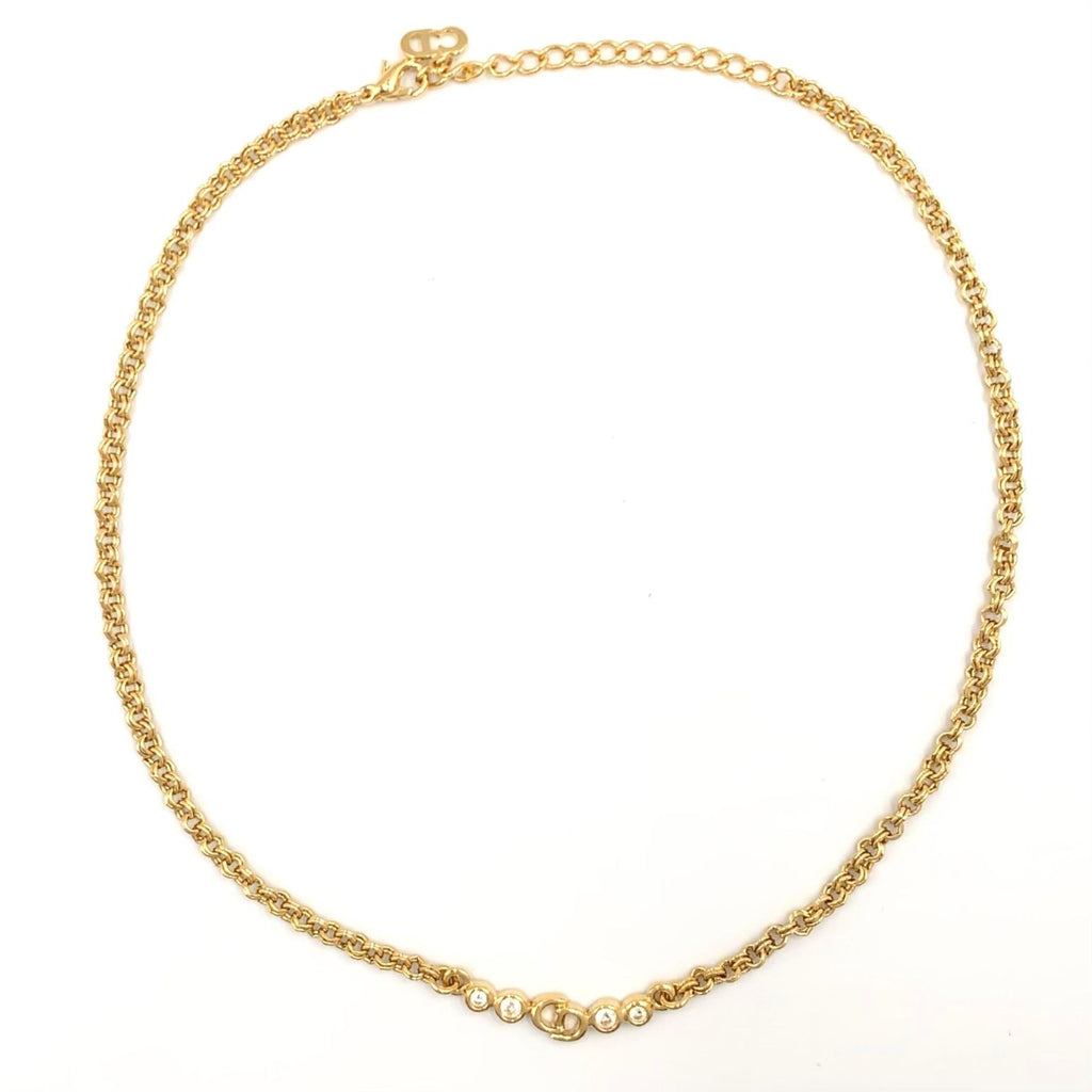 Dior CD Logo Rhinestone Color Stone Clear Gold Necklace — view 3