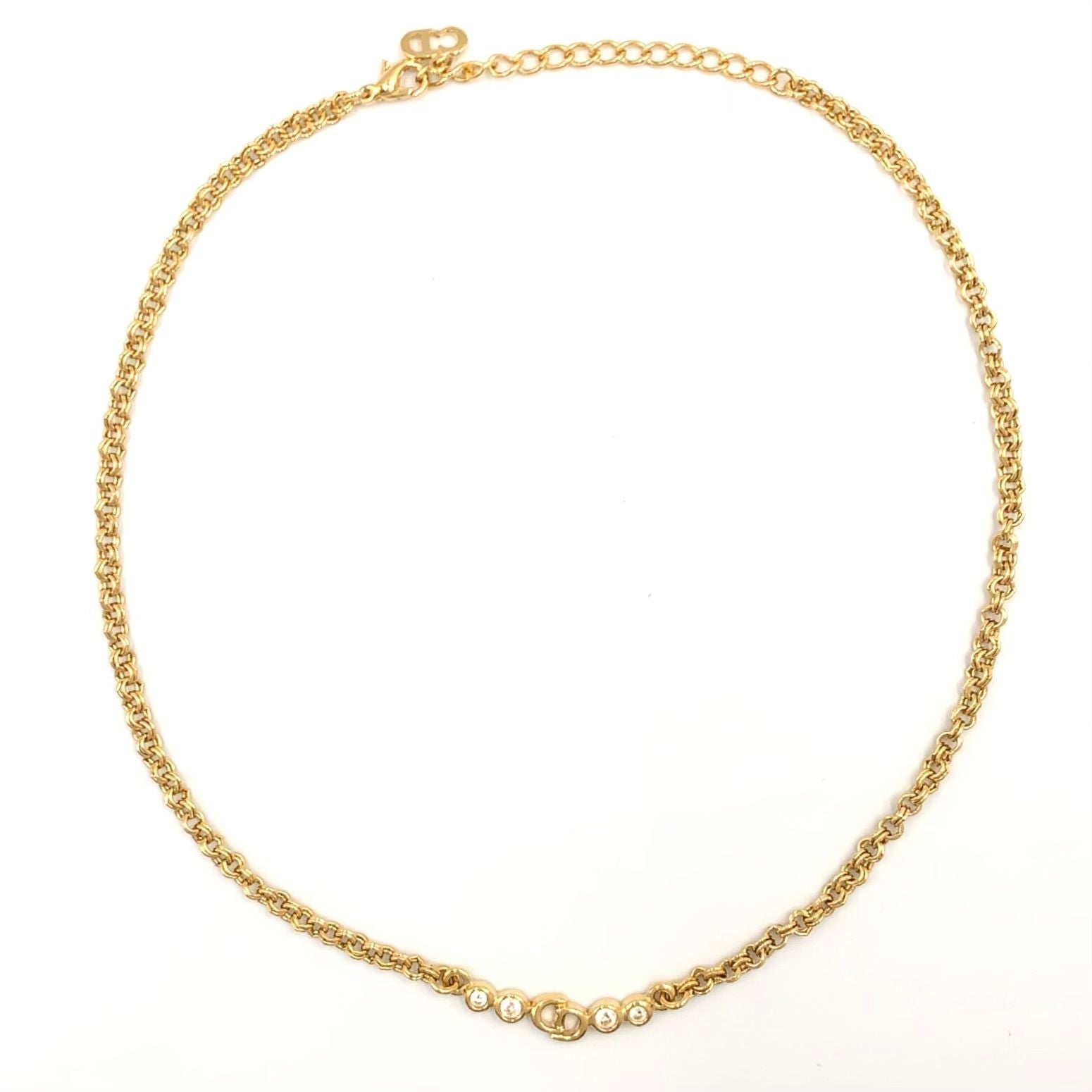Dior CD Logo Rhinestone Color Stone Clear Gold Necklace — view 3