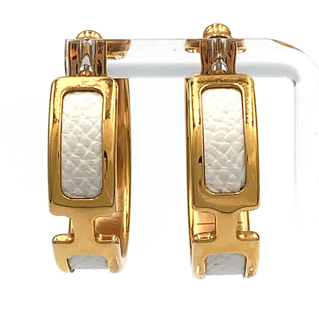 Hermes Olympe GM Hoop Leather Metal Gold White Earrings
