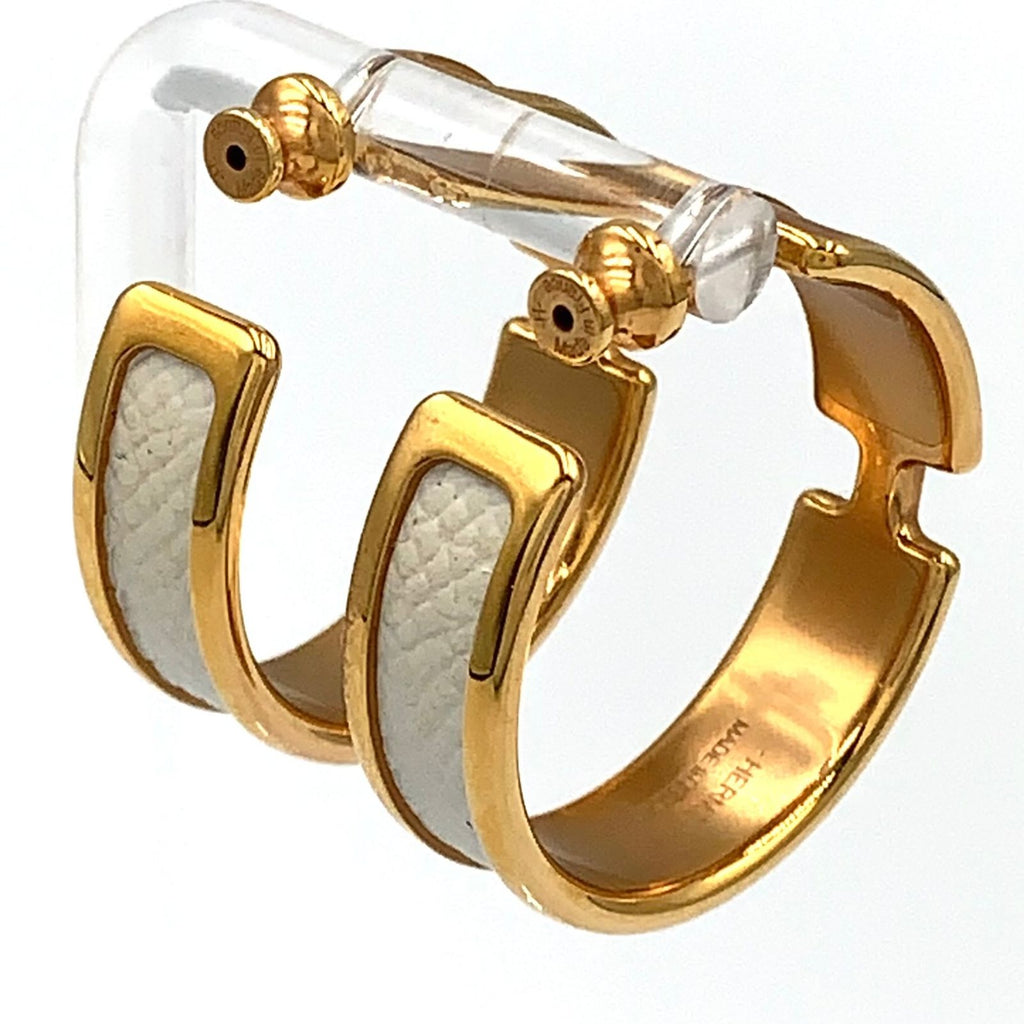 Hermes Olympe GM Hoop Leather Metal Gold White Earrings — view 3