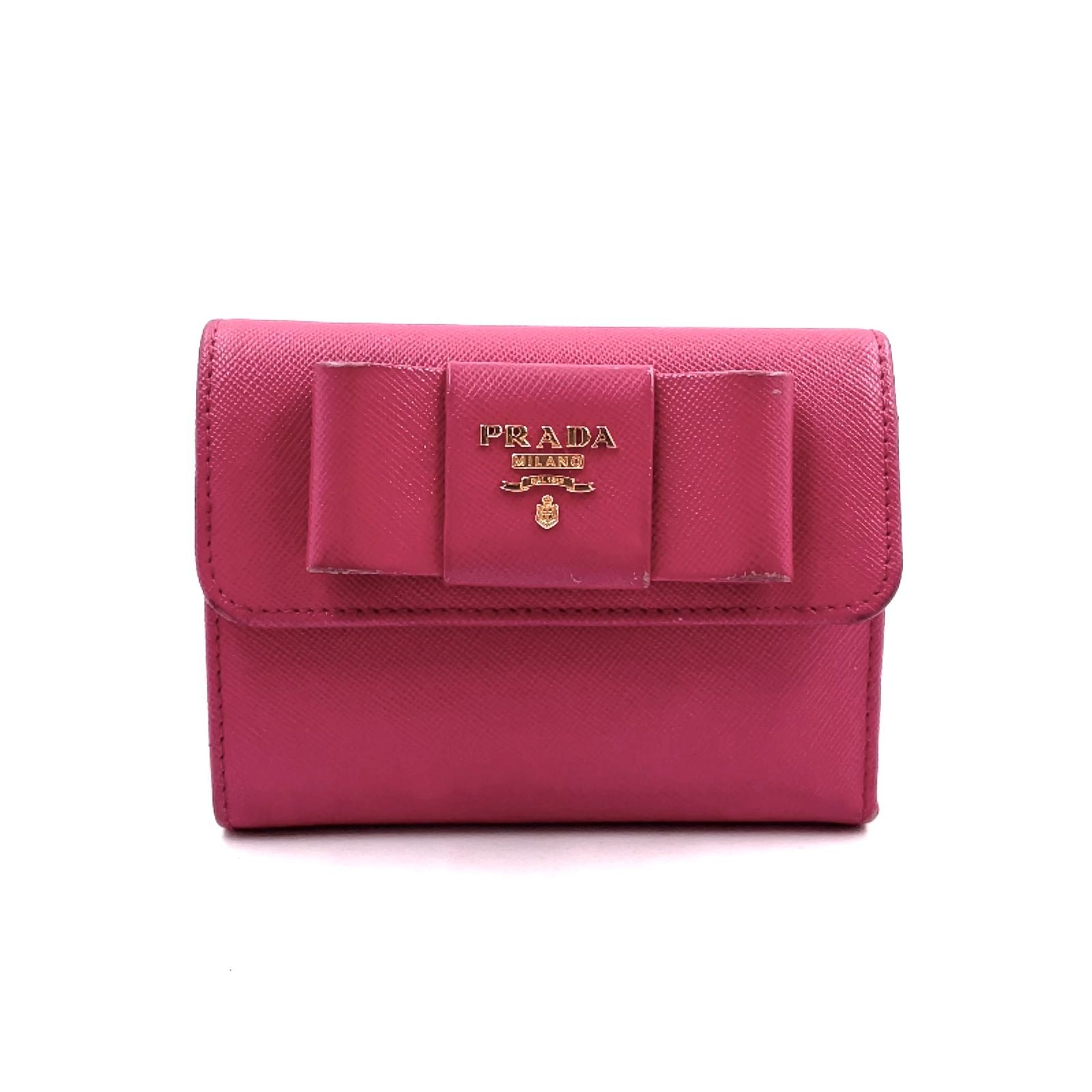 Prada Saffiano Fiocco Leather Pink Trifold Wallet Gold