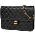 Chanel Quilted Single Flap Chain Shoulder Bag CC Logo Push Lock Leather Black