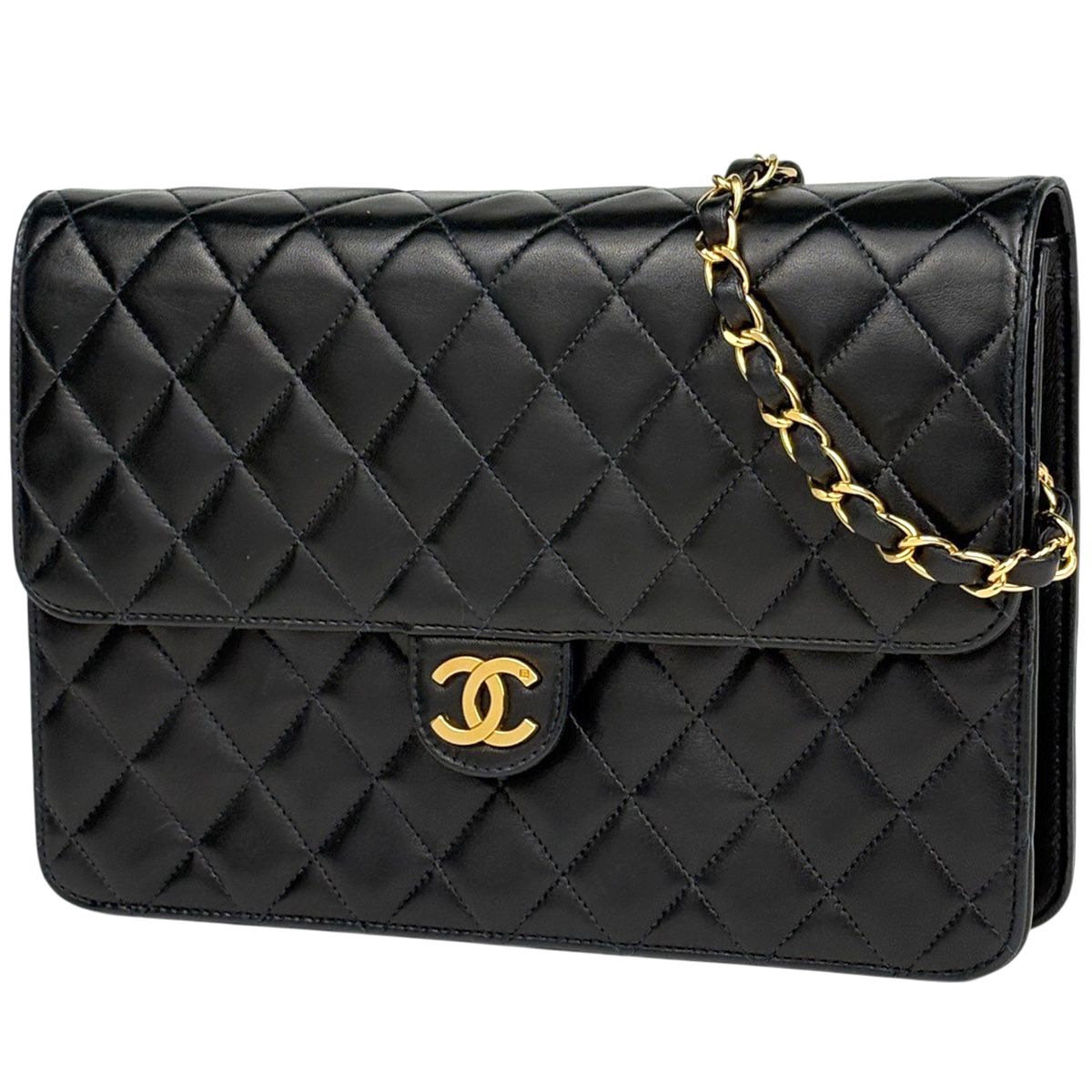 Chanel Quilted Single Flap Chain Shoulder Bag CC Logo Push Lock Leather Black