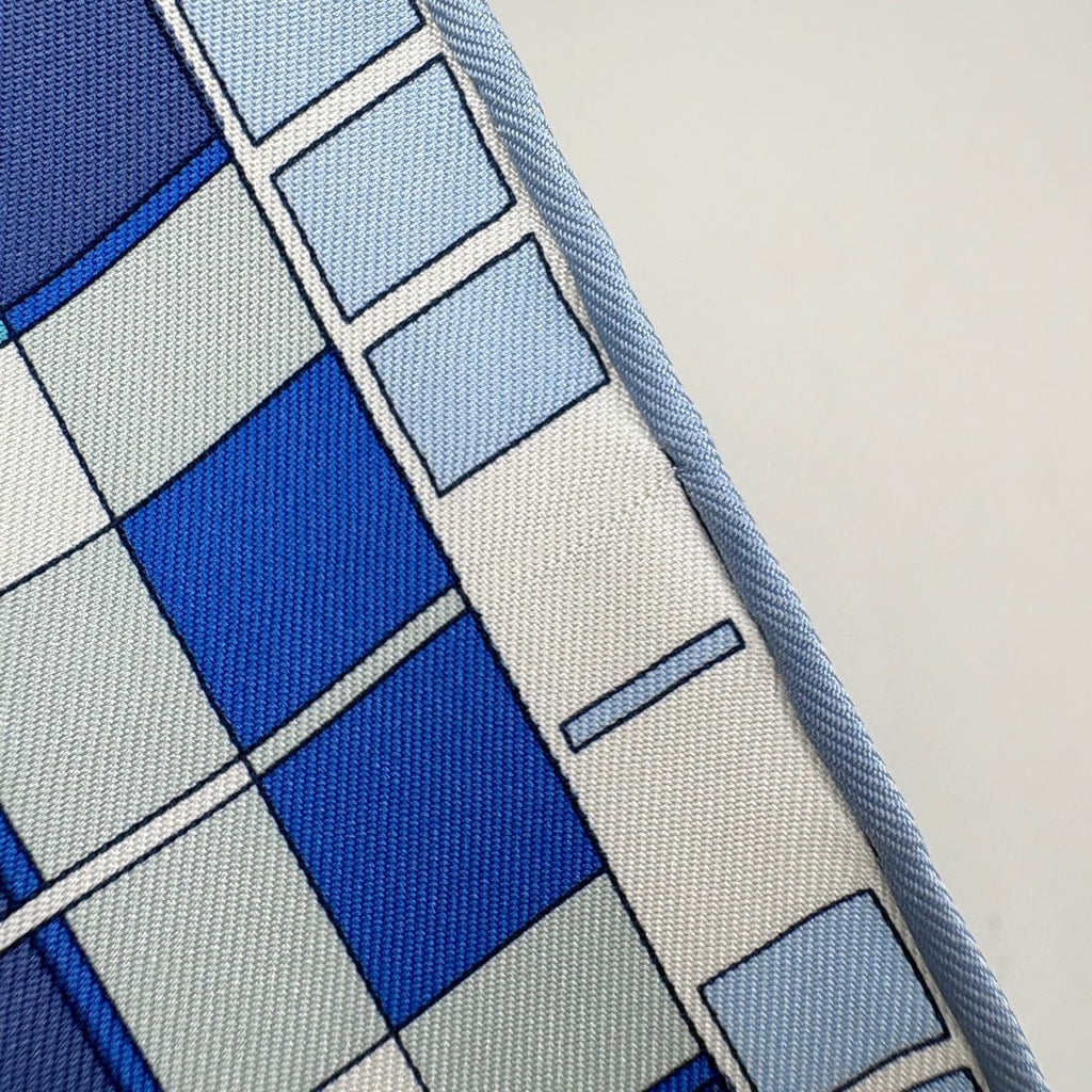 Hermes Carre 90 Ex Libris a Carreaux Check Carriage Scarf Silk Blue Multicolor