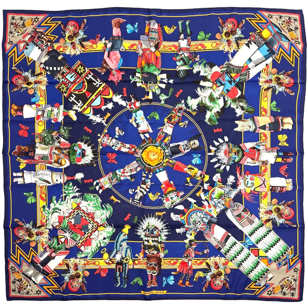 Hermes Carre 90 Kachinas Ethnic Scarf Silk Navy Multicolor