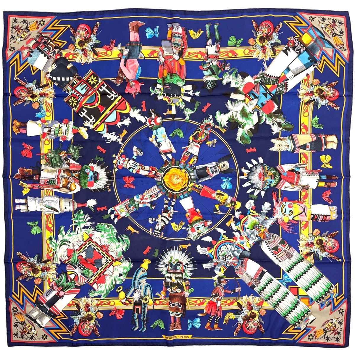 Hermes Carre 90 Kachinas Ethnic Scarf Silk Navy Multicolor