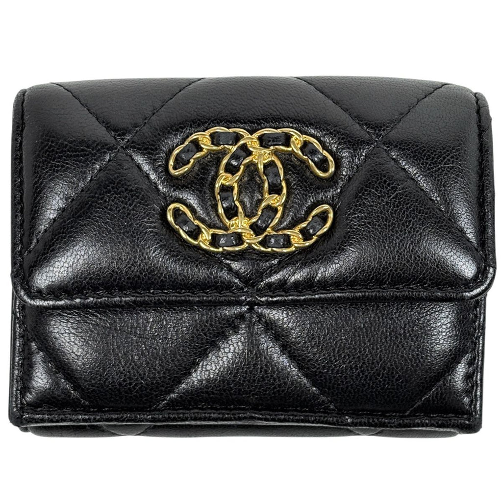 Chanel CC Logo Bifold Wallet 19 Small Flap Leather Black