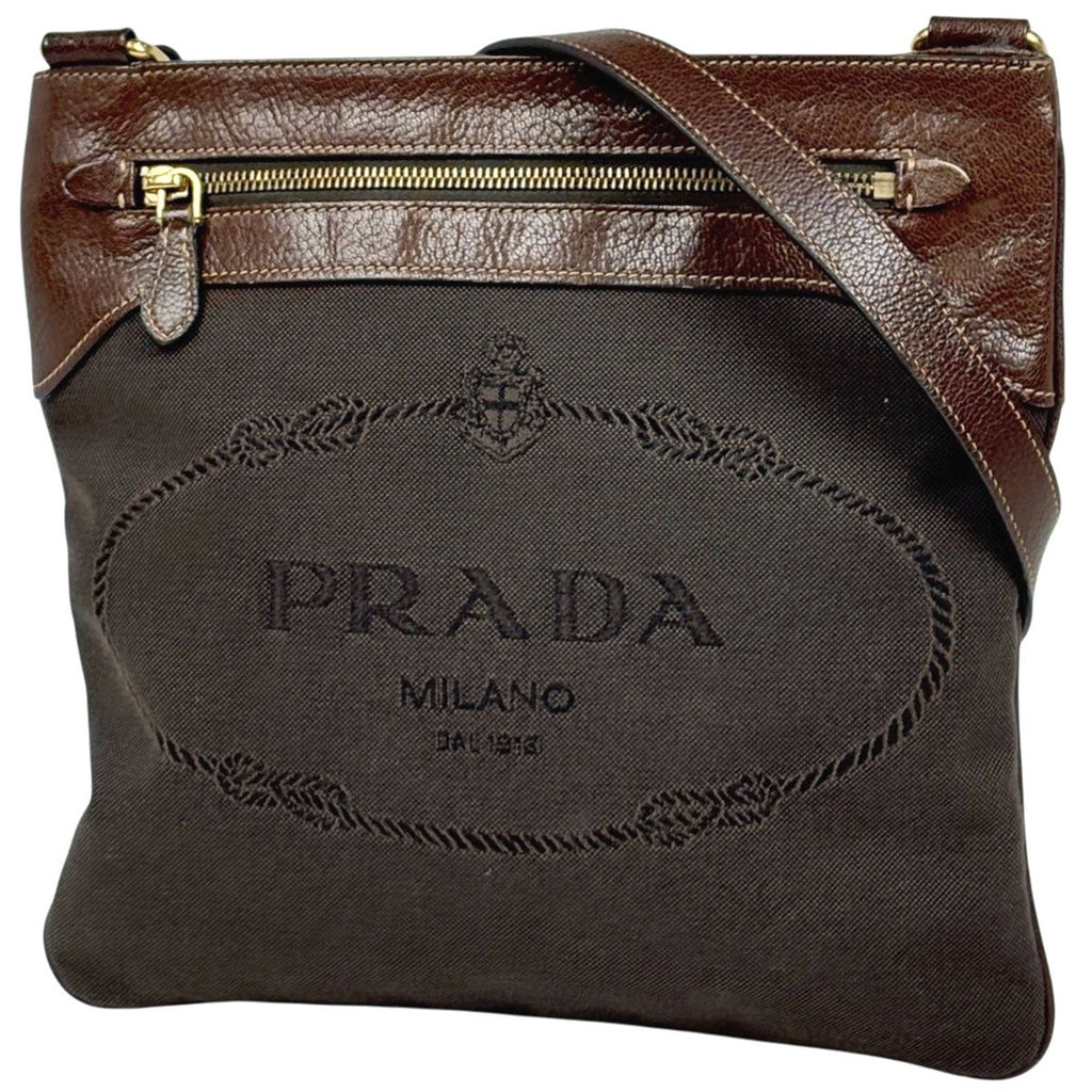 Prada Logo Jacquard Shoulder Bag Canvas Brown