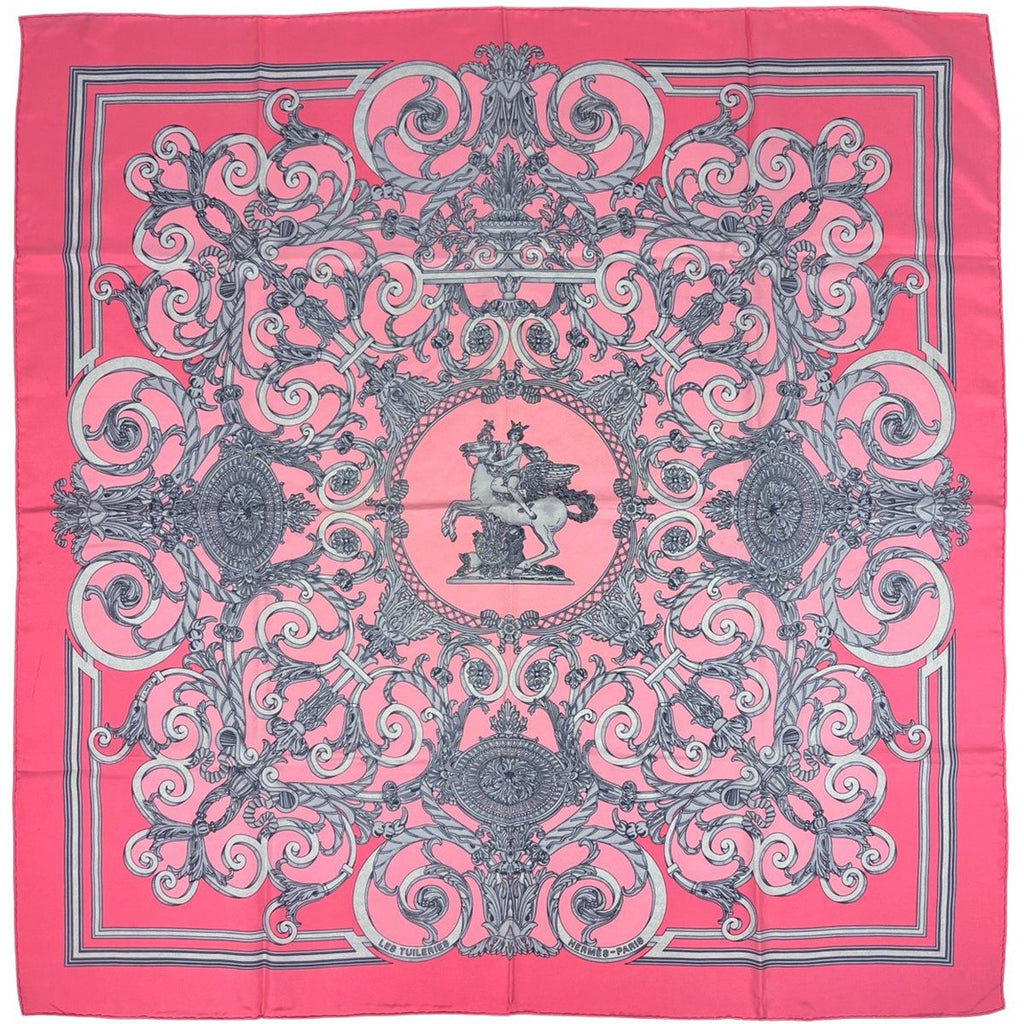 Hermes Carre 90 les Tuileries Roulis Park Scarf Silk Pink Gray