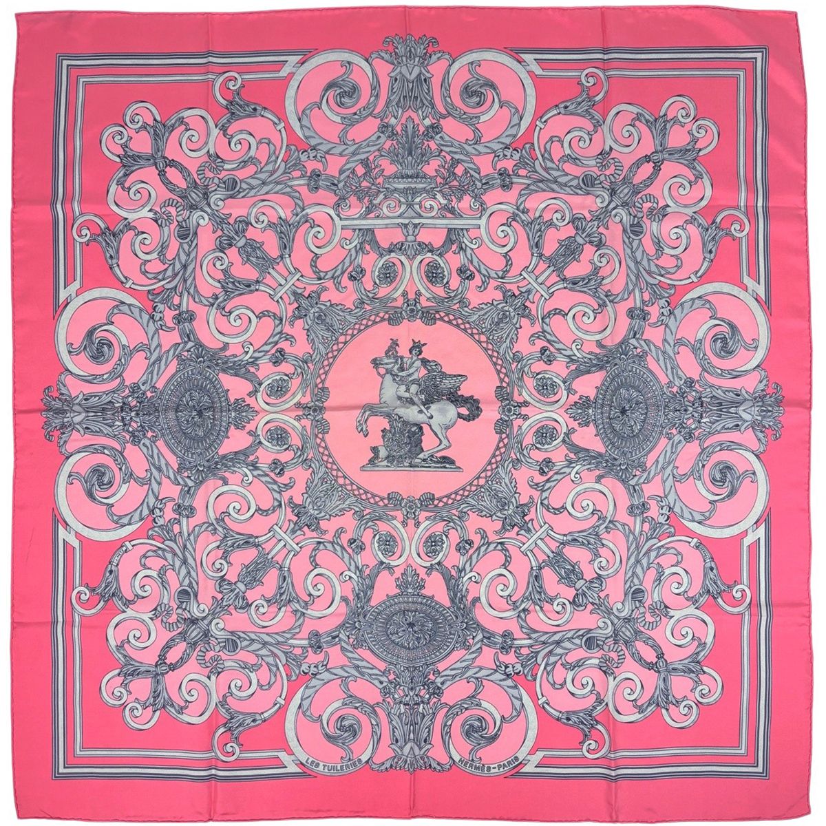 Hermes Carre 90 les Tuileries Roulis Park Scarf Silk Pink Gray