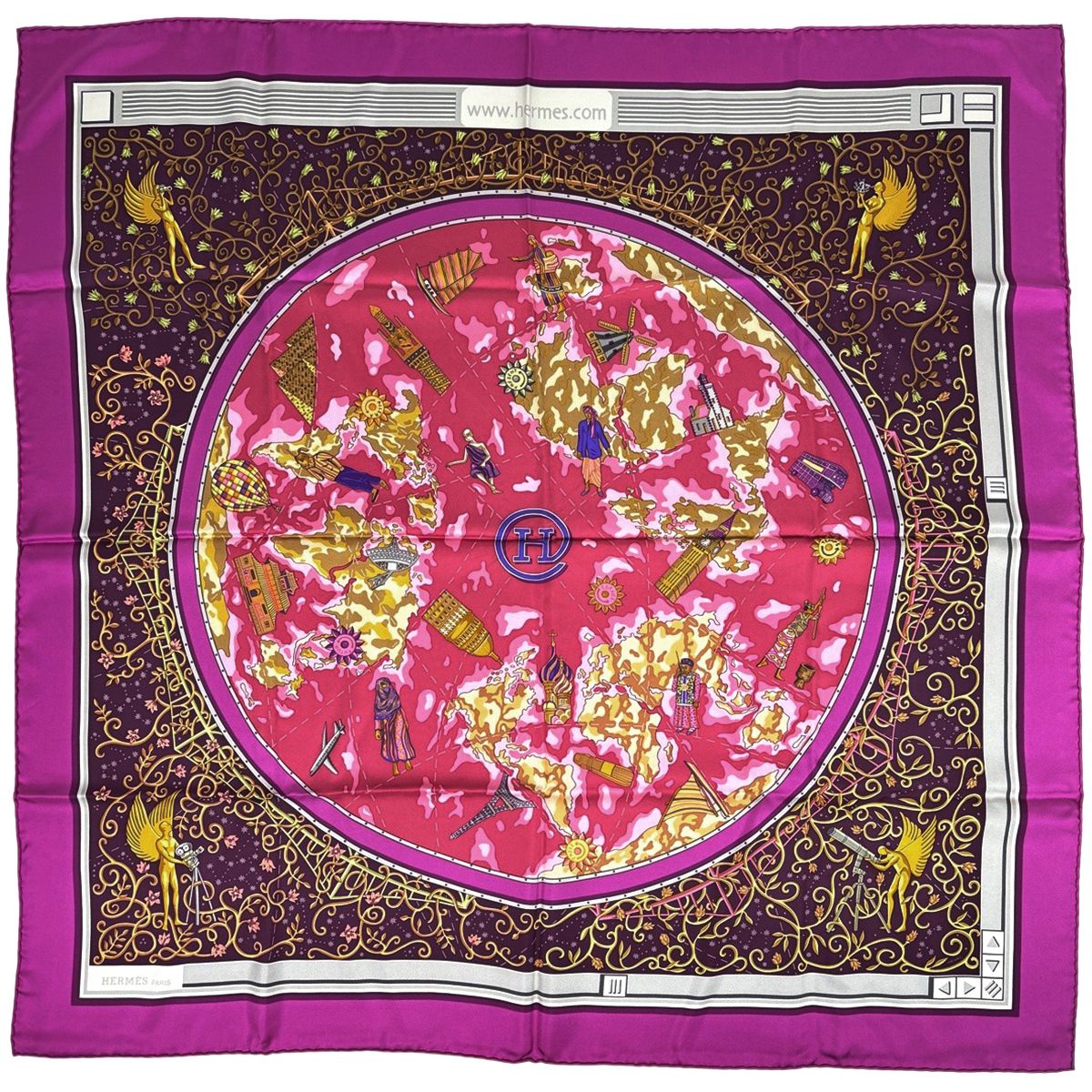 Hermes Carre 90 World Map Scarf Silk Purple Multicolor
