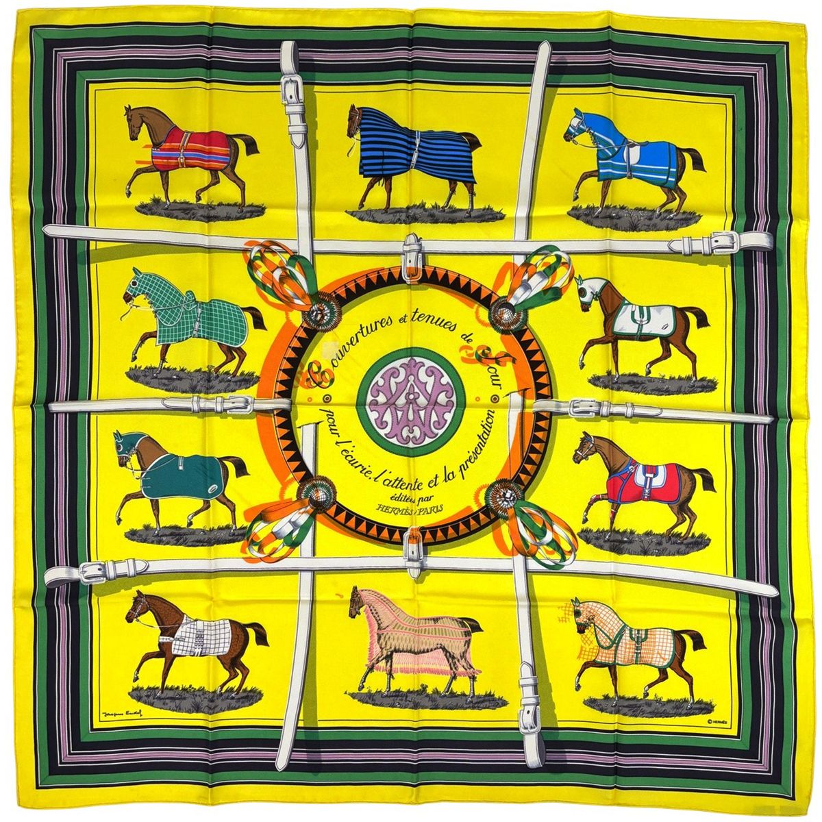 Hermes Carre 90 Couvertures Et Tenues de Jour Horsewear Scarf Silk Yellow
