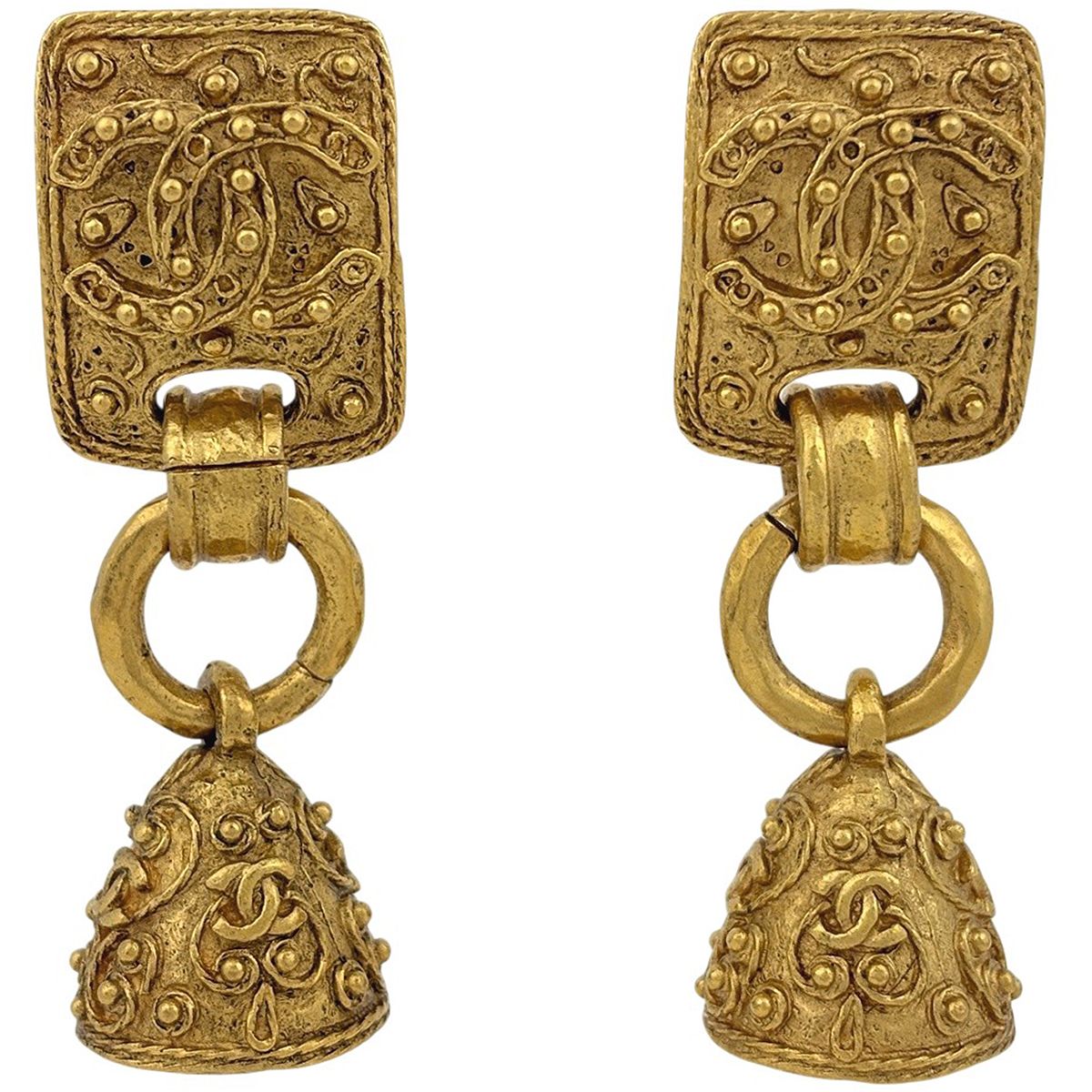 Chanel CC Logo Earrings Bell Swing Gold Plated