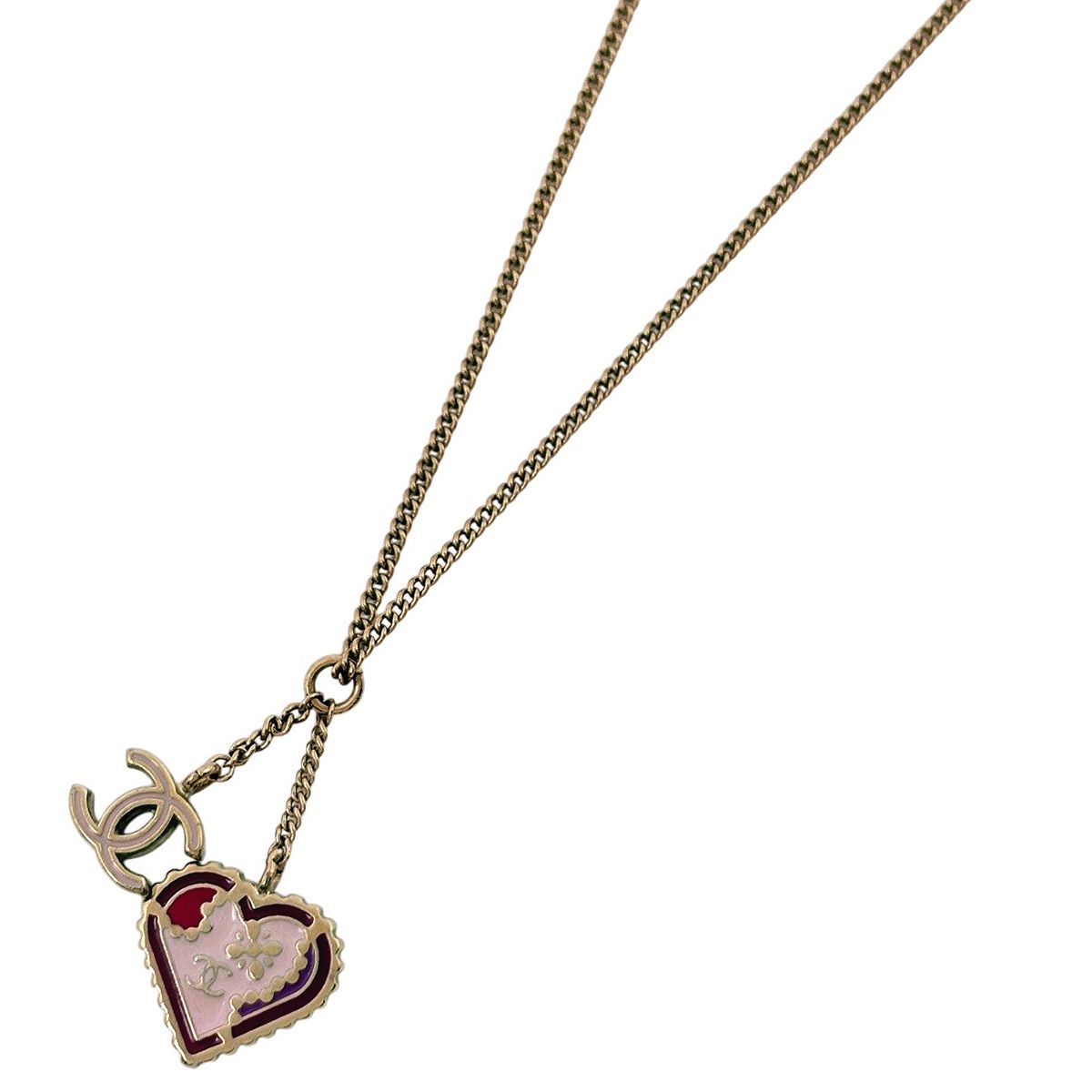 Chanel CC Logo Necklace Heart Metal Gold Pink