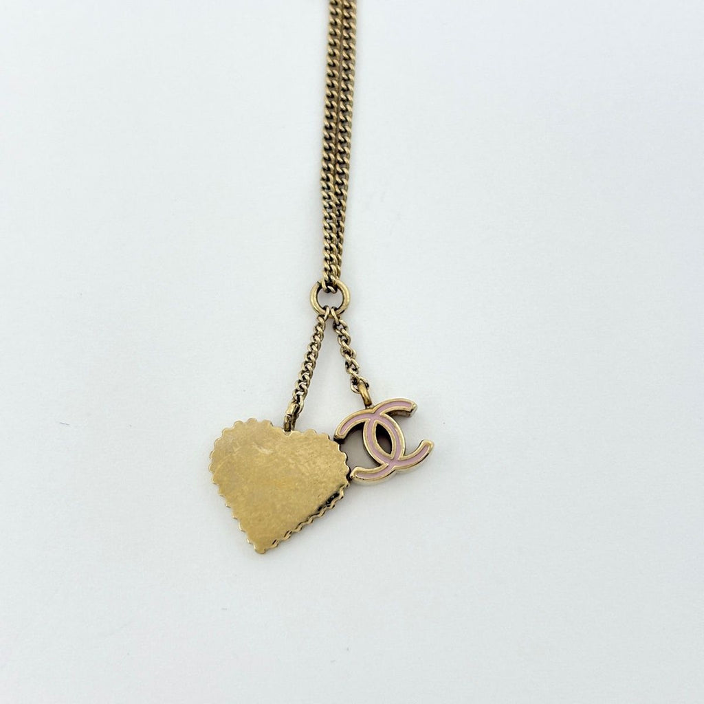 Chanel CC Logo Necklace Heart Metal Gold Pink — view 2