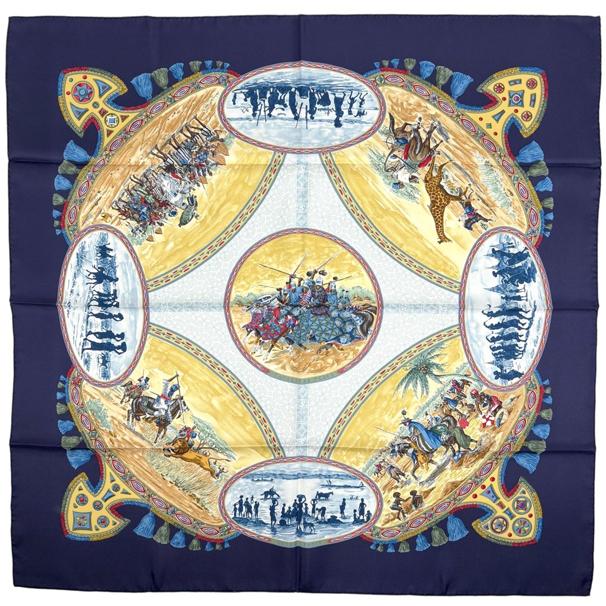 Hermes Carre 90 Cavaliers Peuls Horseman of the Poul Tribe Scarf Silk Navy