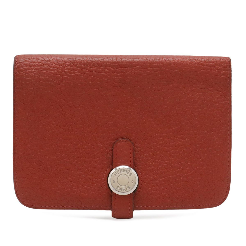Hermes Dogon Compact Coin Purse Card Case Togo Leather Terracotta Silver
