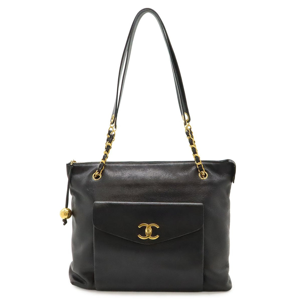 Chanel CC Logo Tote Chain Shoulder Bag Caviar Leather Black Gold