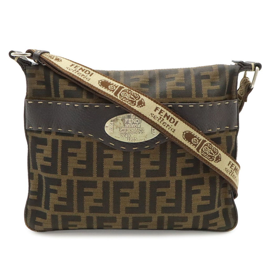Fendi Selleria Zucca Logo Shoulder Bag Crossbody Canvas Leather Brown Silver