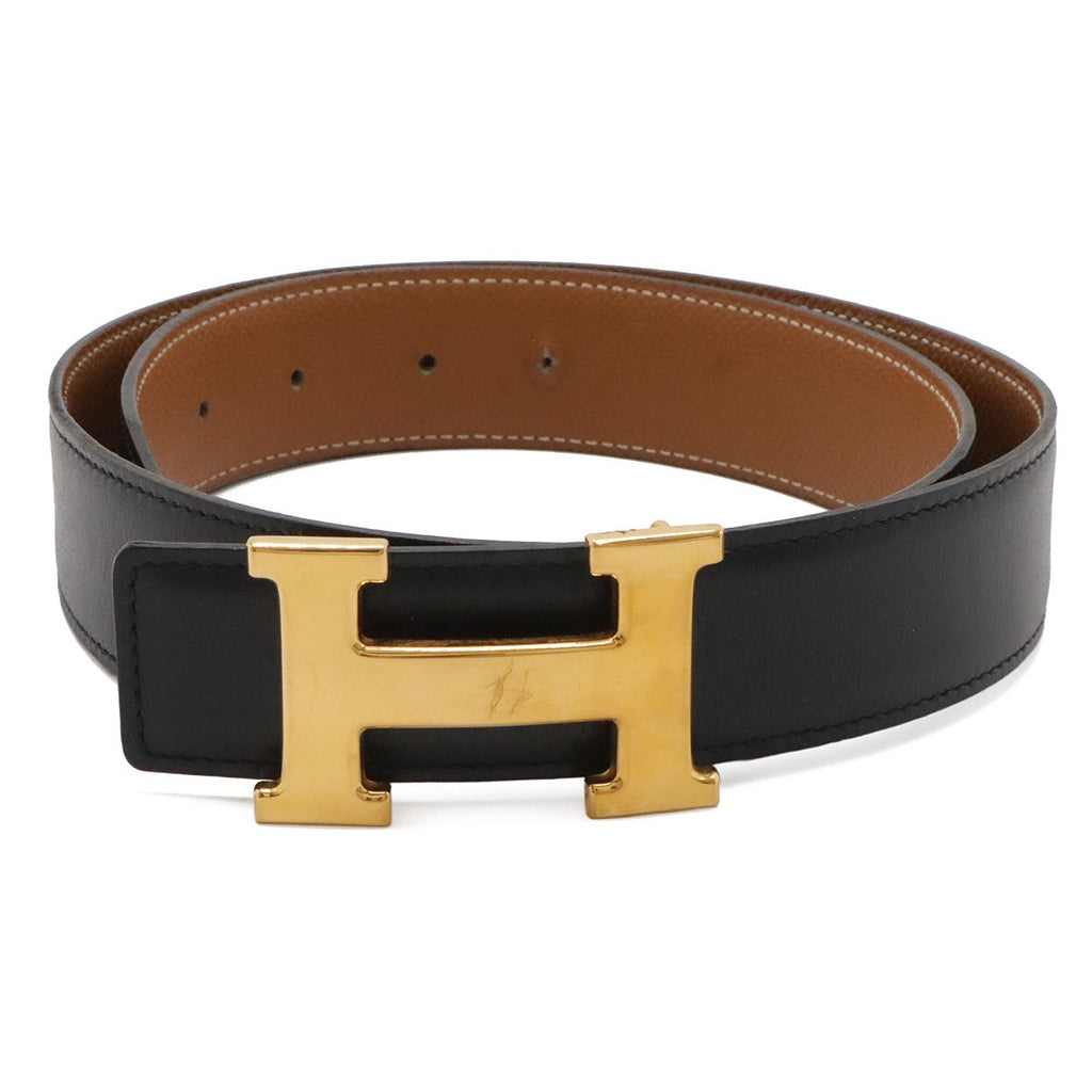 Hermes Belt Buckle Reversible Leather Black Brown Gold 75