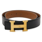 Hermes Belt Buckle Reversible Leather Black Brown Gold 75