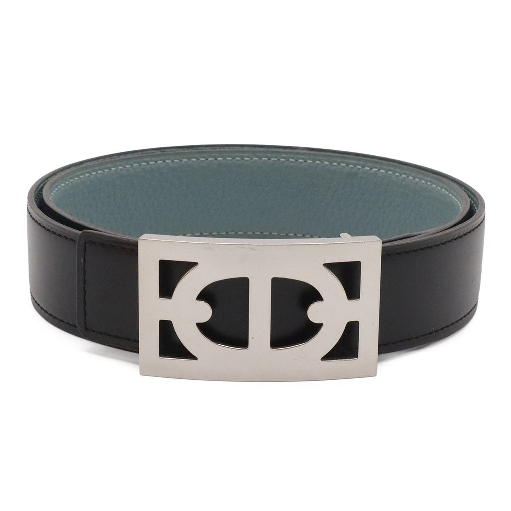 Hermes Chaine D'Ancre Reversible Belt Leather Black Blue Gray Silver 80