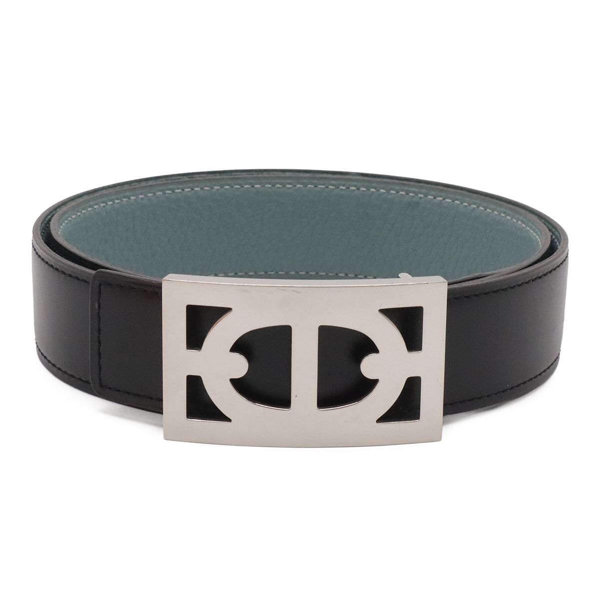 Hermes Chaine D'Ancre Reversible Belt Leather Black Blue Gray Silver 80