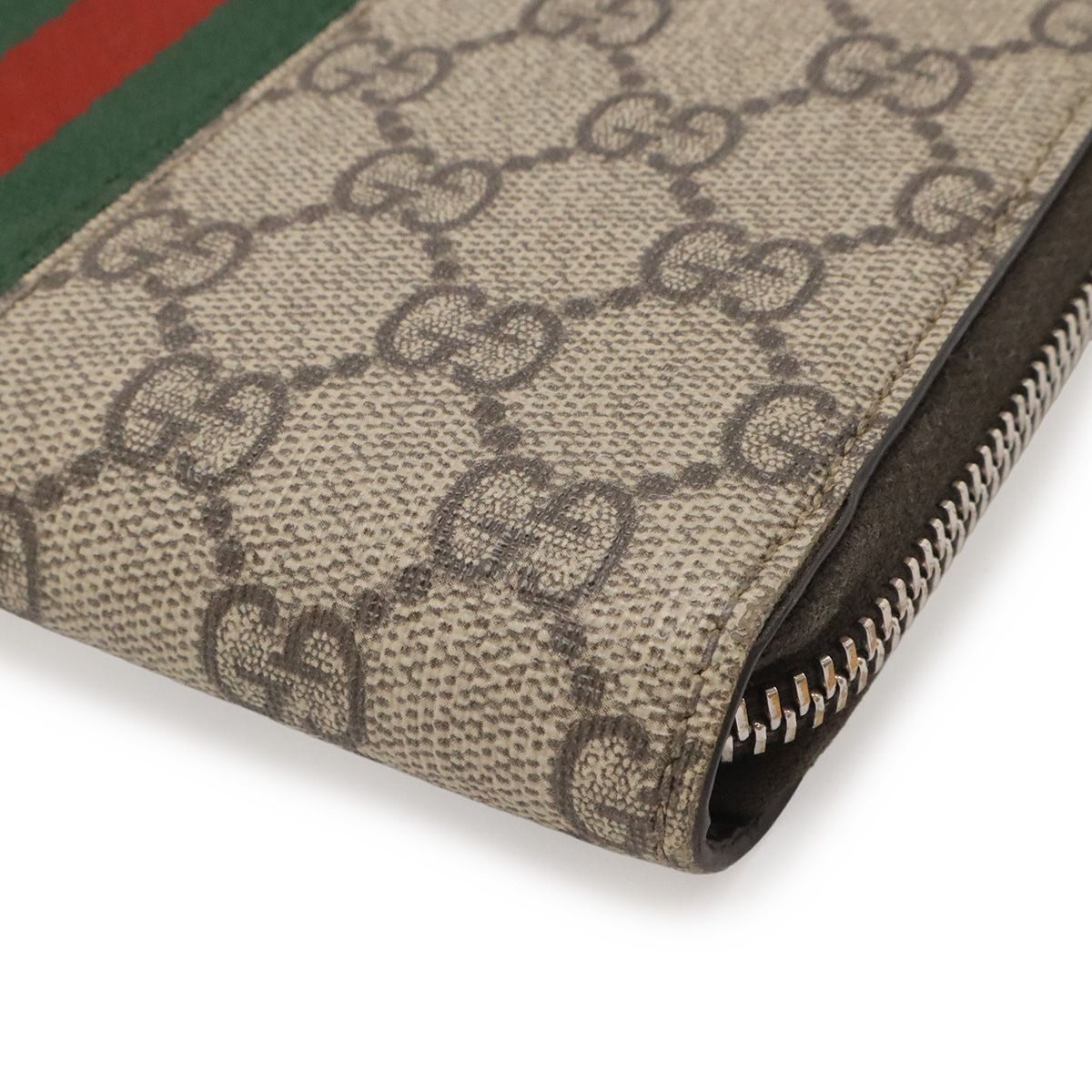 Gucci GG Supreme Sherry Line Web Zip Around Wallet Leather Khaki Beige Dark — view 3