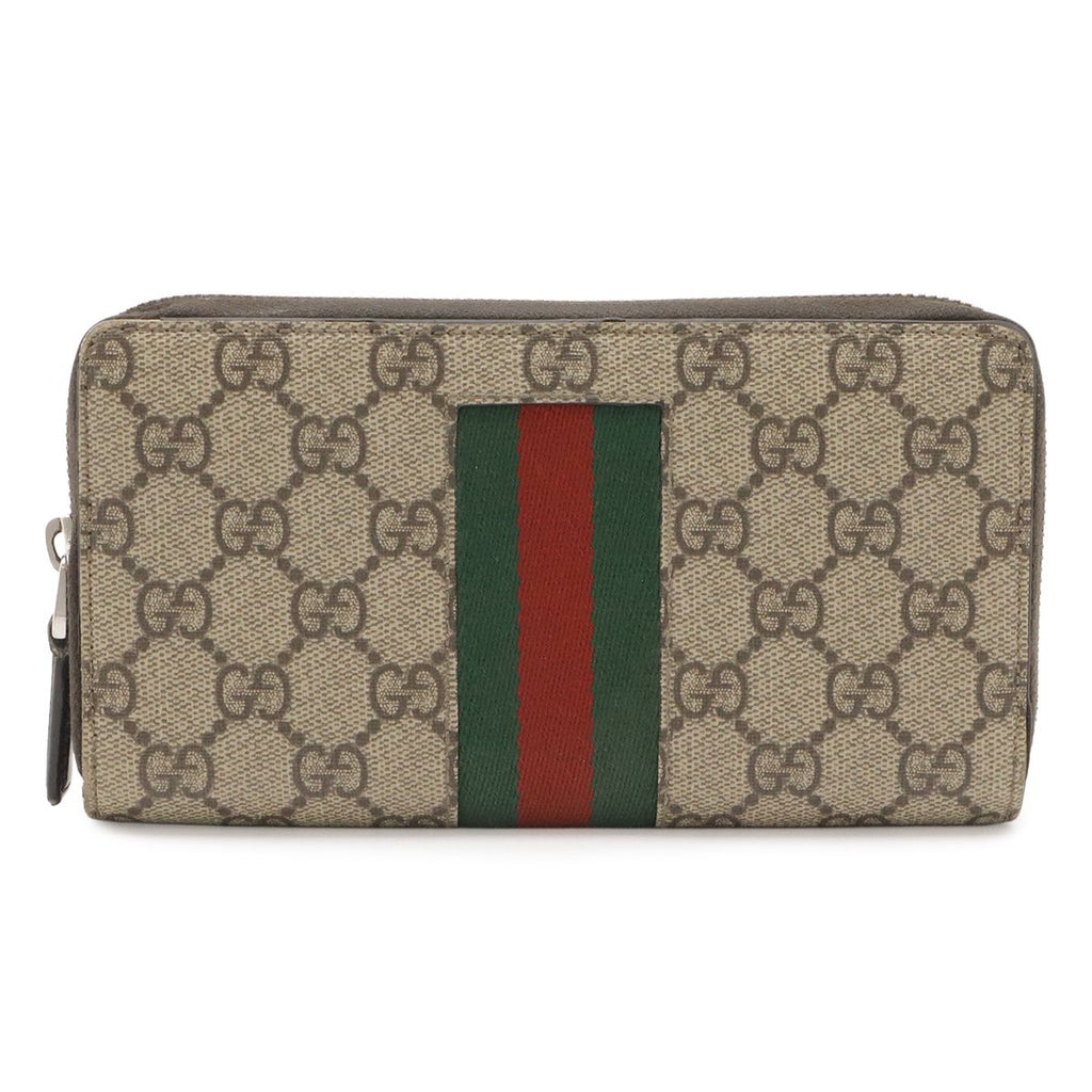 Gucci GG Supreme Sherry Line Web Zip Around Wallet Leather Khaki Beige Dark