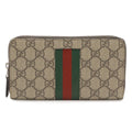 Gucci GG Supreme Sherry Line Web Zip Around Wallet Leather Khaki Beige Dark