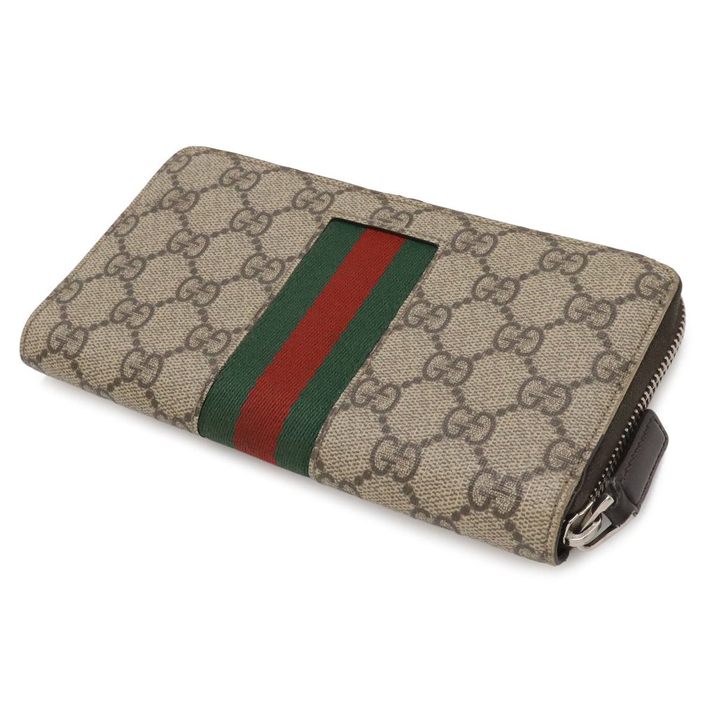 Gucci GG Supreme Sherry Line Web Zip Around Wallet Leather Khaki Beige Dark — view 2