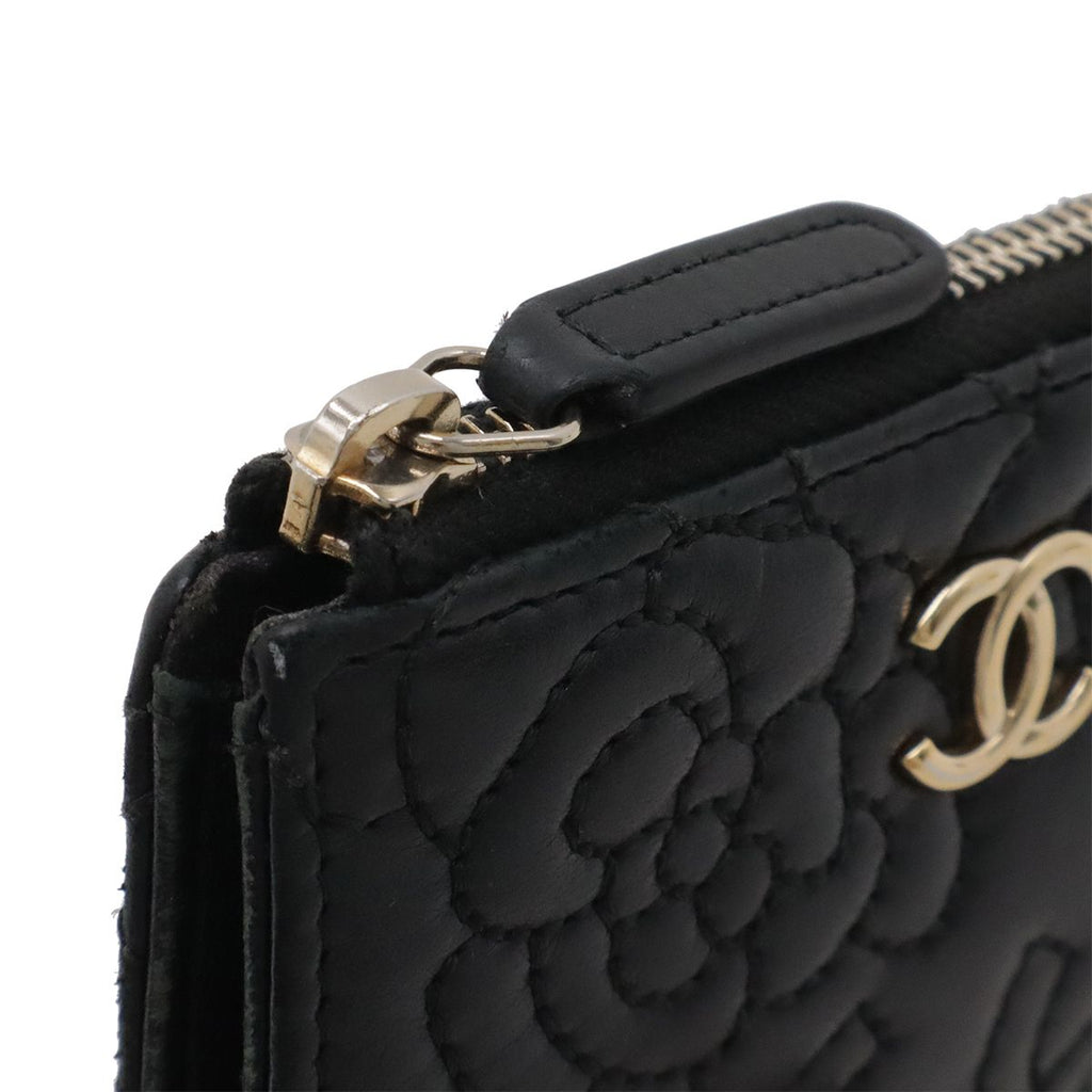 Chanel Camellia CC Logo Coin Purse L-shaped Zipper Lambskin Leather Black Gold — view 4